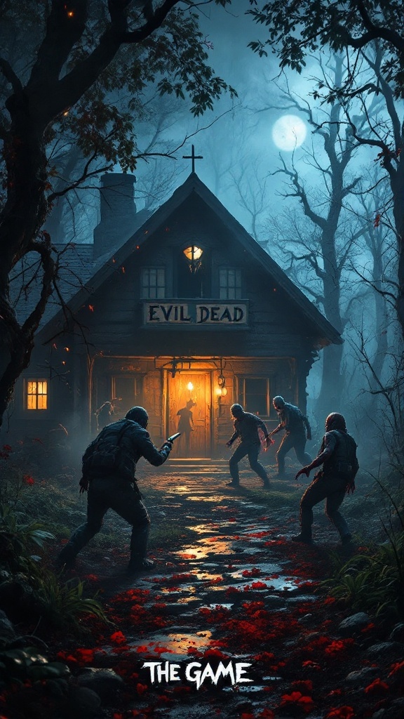 A dark cabin in the woods with players fighting off enemies in Evil Dead: The Game.