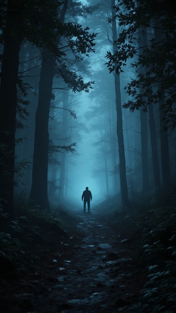 A foggy forest path with a solitary figure standing in the distance