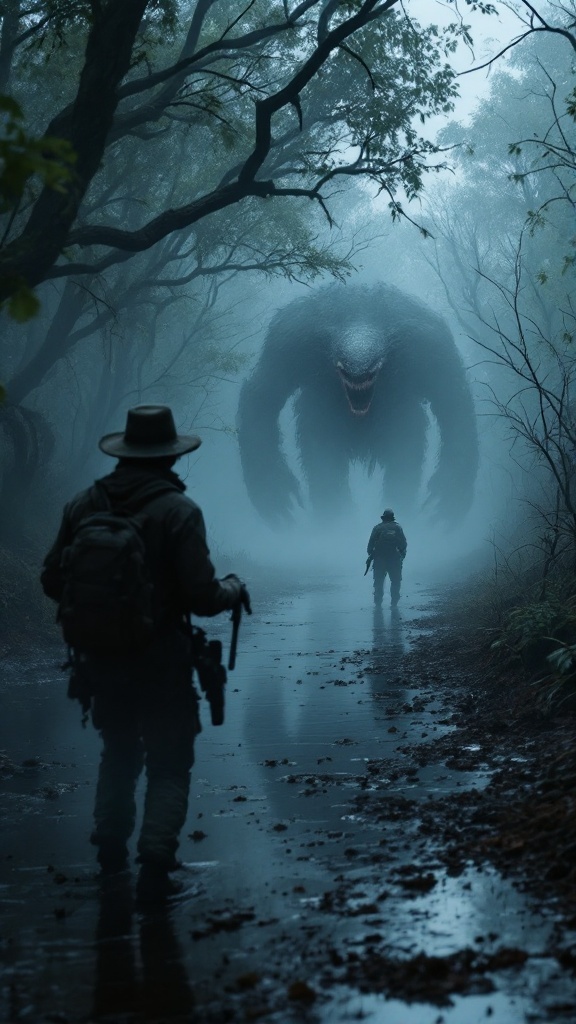 A scene from Hunt: Showdown showing two hunters in a foggy forest, with a large creature lurking in the background.