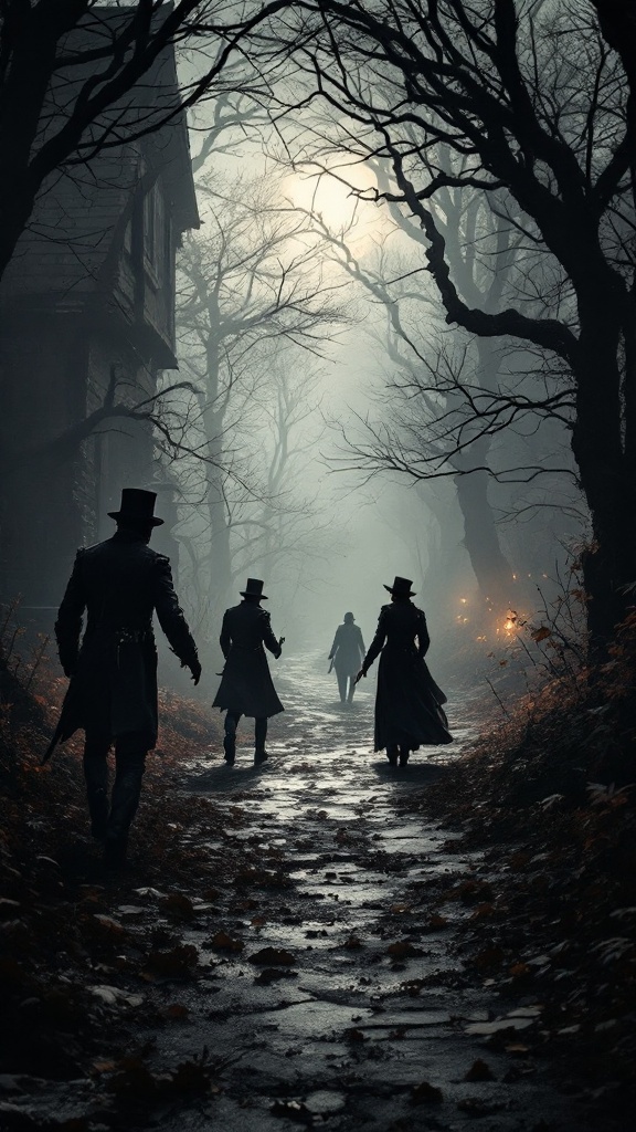 Shadowy figures in Victorian attire walking down a misty path surrounded by trees.