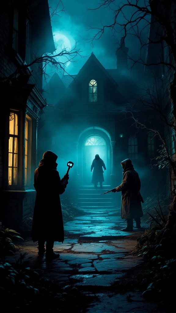 Three ghost hunters standing in front of a spooky house at night