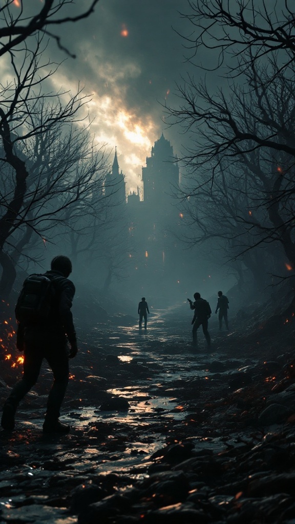 A dark, eerie pathway leading to a castle with silhouettes of people, representing the tense atmosphere of asymmetrical gameplay in Resident Evil: Resistance.