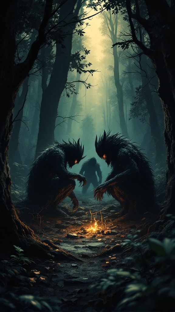 A dark forest scene with shadowy figures around a fire, evoking themes of survival and horror.