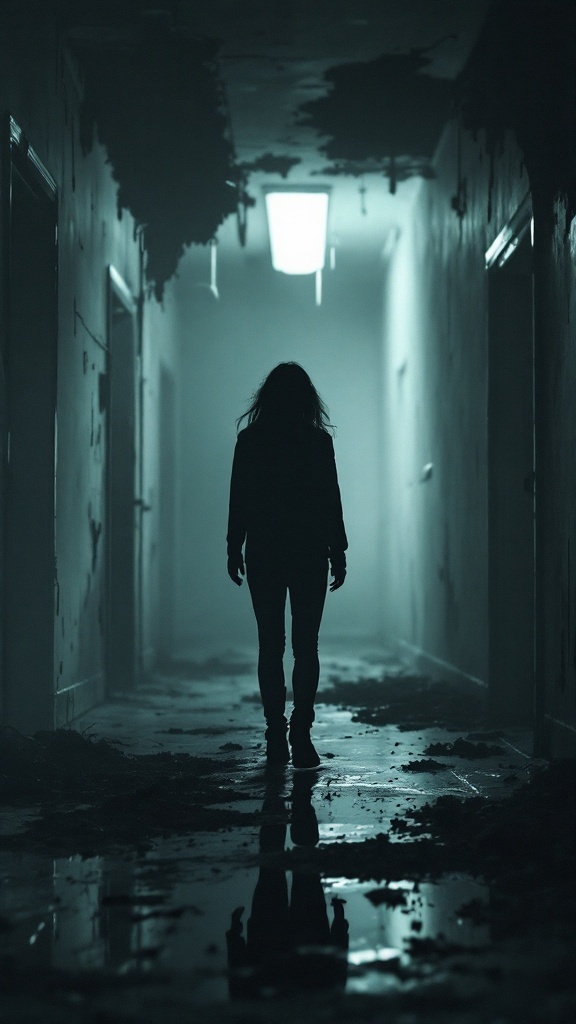 A dark, eerie hallway with a shadowy figure at the end, evoking a sense of horror.