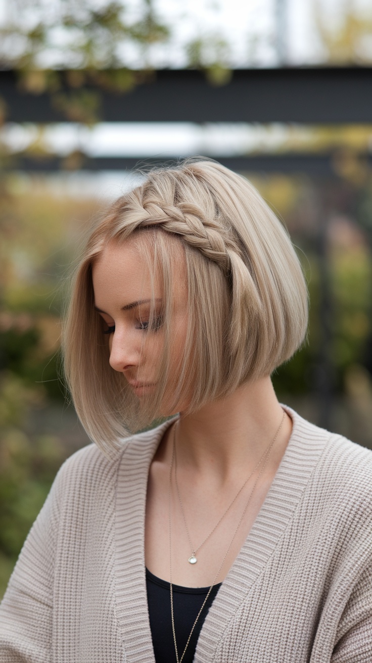 A woman with a side braided bob hairstyle, looking down thoughtfully.