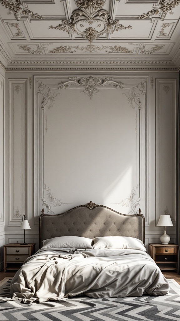 Elegant bedroom featuring intricate plasterwork ceiling design and upholstered bed.