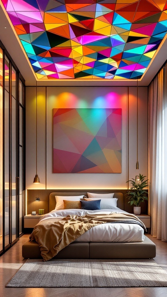 A modern bedroom featuring a colorful geometric patterned ceiling with vibrant triangles and a cozy bed setup.