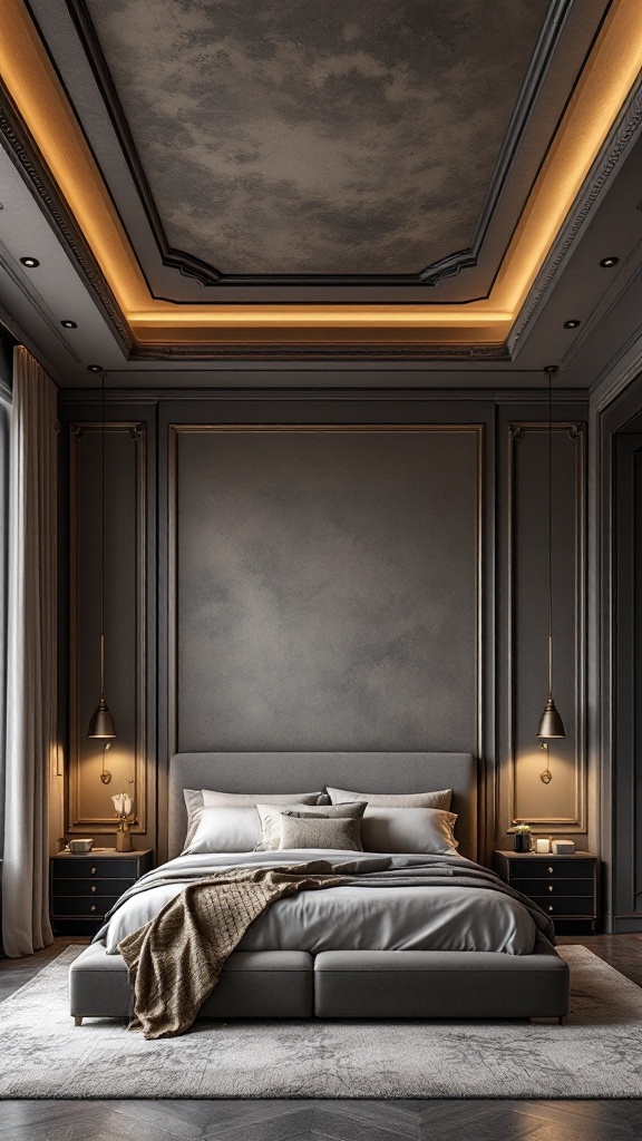 A bedroom with a dramatic two-tier ceiling design featuring warm lighting and elegant decor.