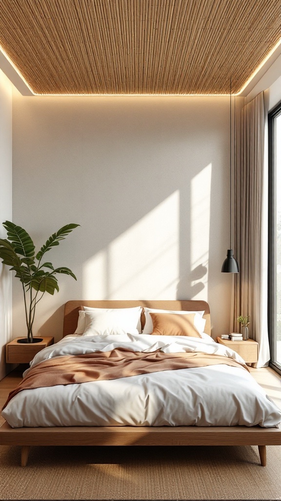 A cozy bedroom featuring a bamboo false ceiling, large windows, and soft bedding.