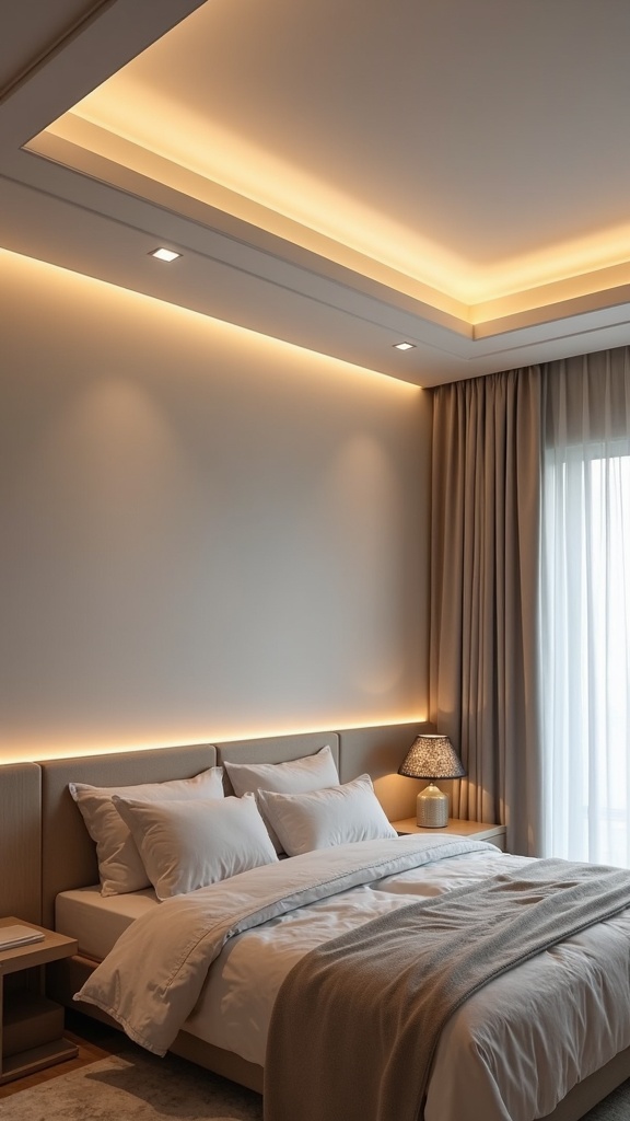 A bedroom with an elegant tray ceiling illuminated by LED lights, featuring cozy bedding and warm decor.