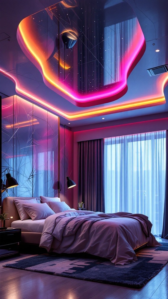 A modern bedroom with futuristic LED strip lighting on the ceiling, featuring vibrant pink and orange hues.