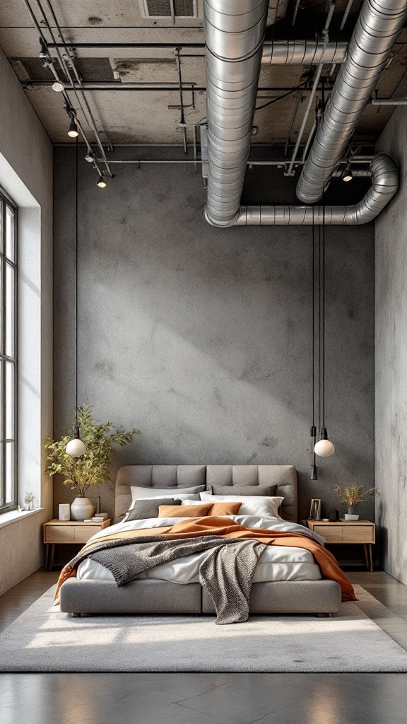 A modern bedroom featuring exposed ductwork, concrete walls, and stylish decor.