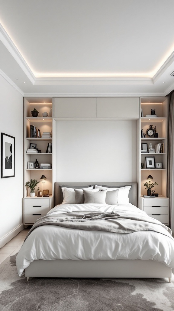 A modern bedroom with integrated storage solutions featuring a false ceiling design and wall-mounted shelves.