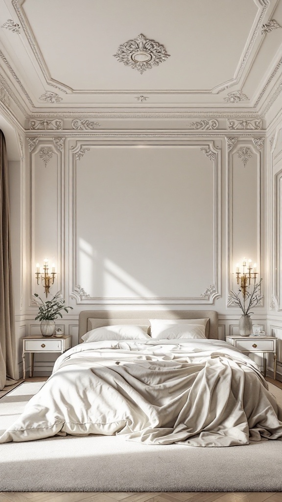 A luxurious bedroom featuring a coved ceiling design, neutral bedding, and elegant wall sconces.