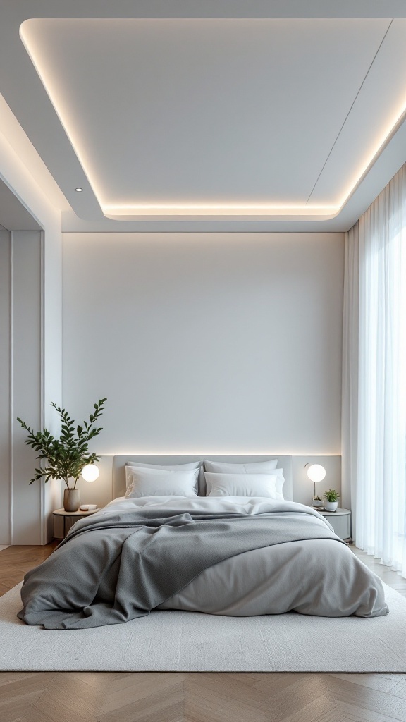 A modern minimalist bedroom featuring a false ceiling with soft lighting and neutral tones