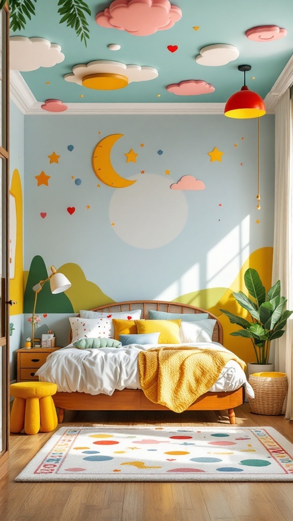 A colorful children's bedroom with a blue false ceiling featuring clouds, a moon, and stars, complemented by playful decor.