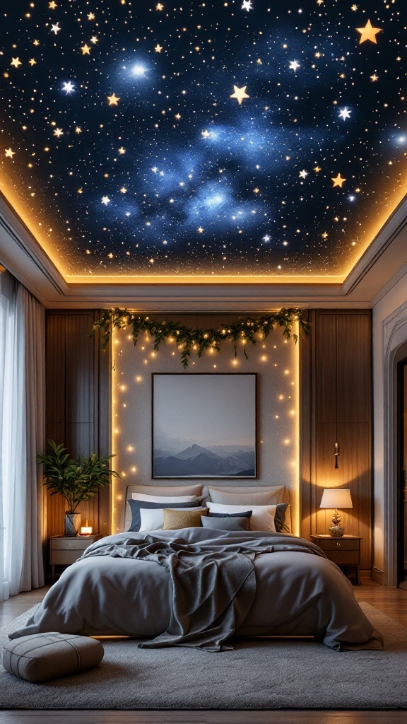 Bedroom with a starry night ceiling design featuring twinkling stars and warm lighting