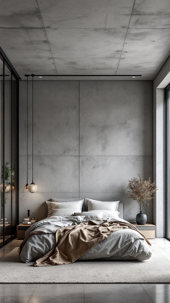 Bedroom with concrete finishes, soft bedding, and modern lighting