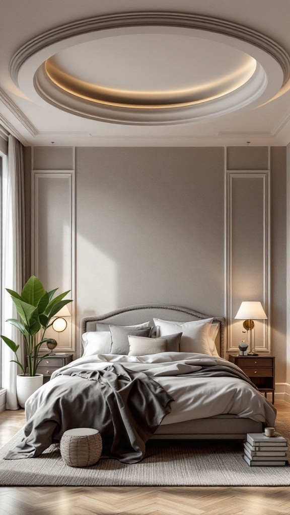 A beautifully designed bedroom featuring a softly curved ceiling, neutral color palette, and cozy decor.