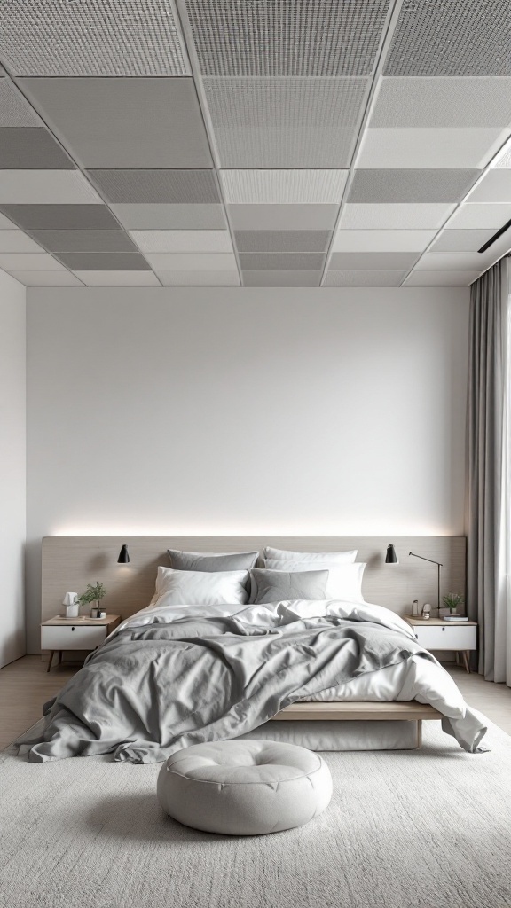 A bedroom featuring a soundproof acoustic ceiling with a modern design, highlighting textured panels in neutral tones.