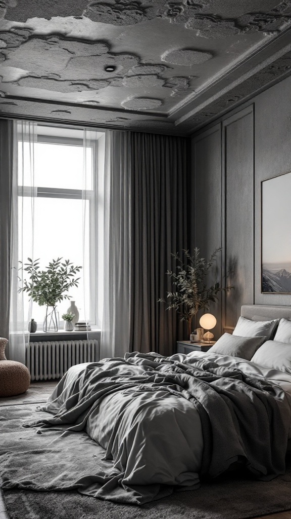 A cozy bedroom featuring a textured ceiling and muted color palette.