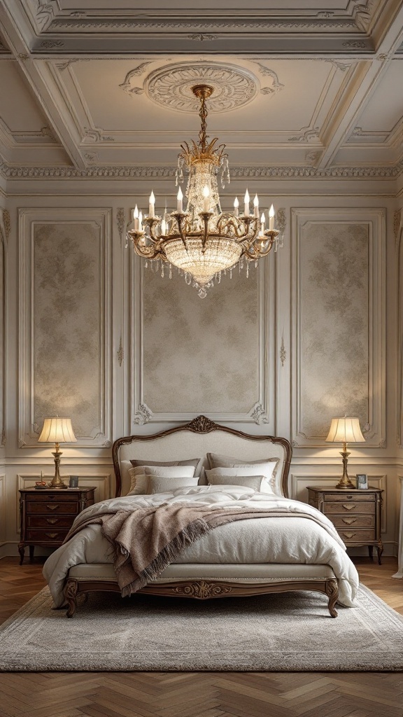 A beautifully designed bedroom featuring a vintage chandelier, elegant bedding, and intricate ceiling details.