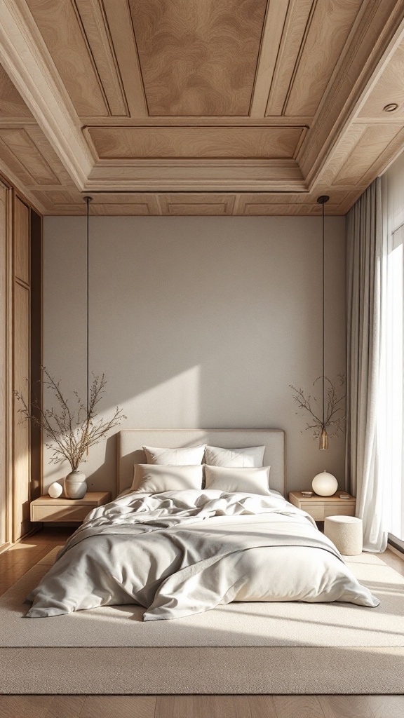 Zen-inspired bedroom with wooden panel ceiling and soft bedding