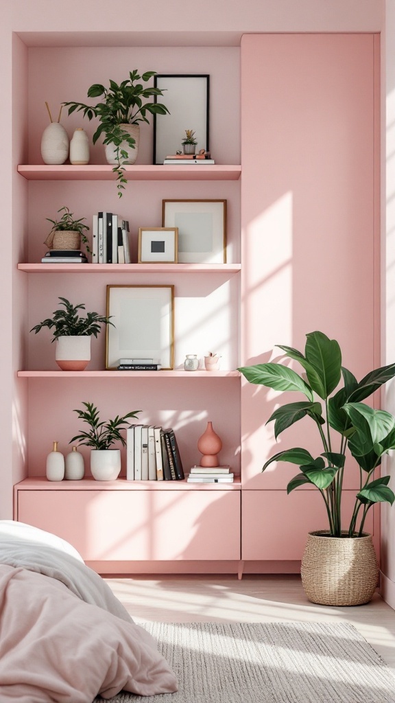 A pink shelving unit with plants and decorative items in a cozy bedroom.