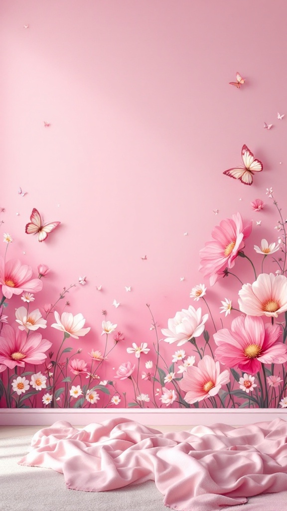 A pink wall mural with flowers and butterflies in a cozy bedroom setting