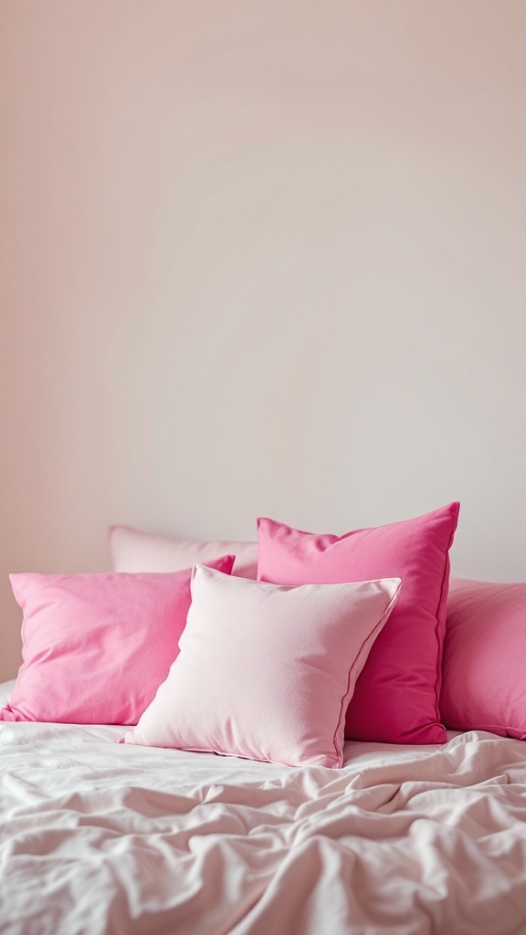 A bed with bright pink decorative pillows in various shades on a light-colored blanket.