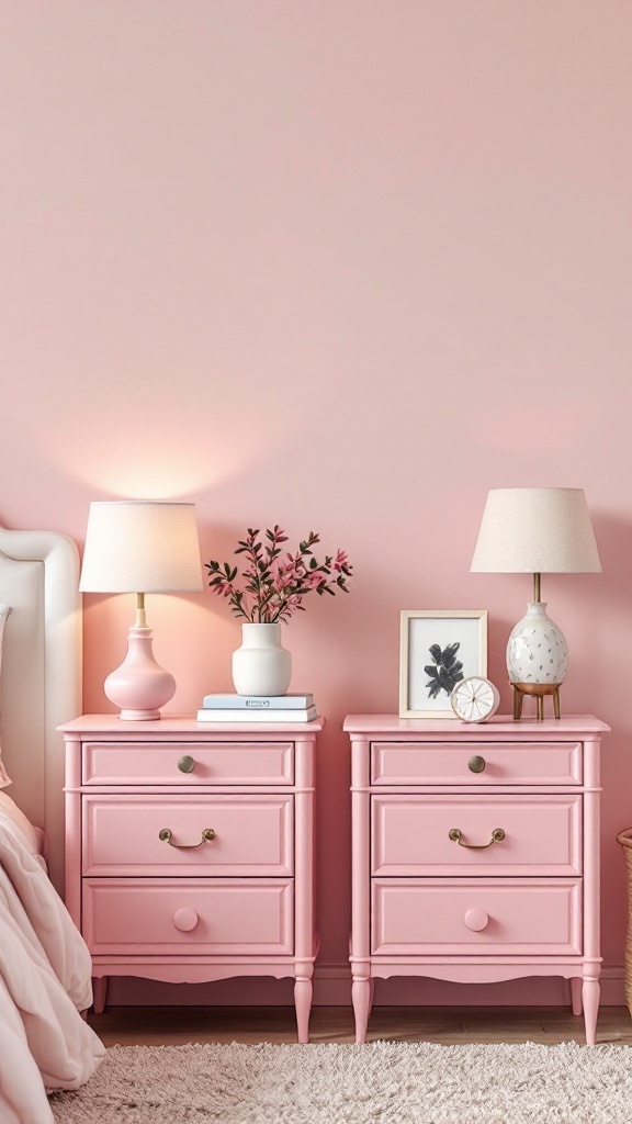 Two charming pink bedside tables with lamps and decorative items.