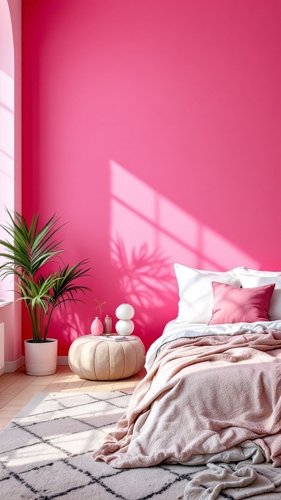 A bright pink bedroom with a cozy bed, plants, and a textured rug.