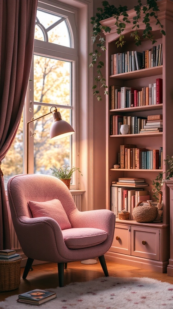 Cozy pink reading nook with a plush chair, bookshelf, and warm lighting