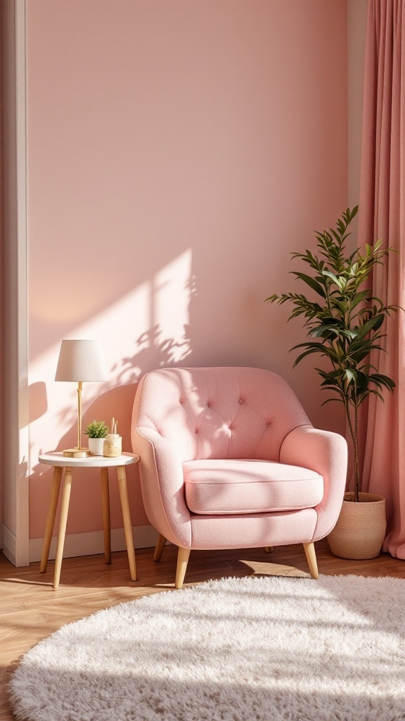 A cute pink accent chair next to a small table and a plant in a pink bedroom