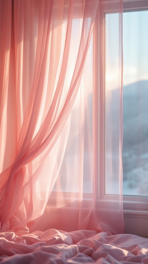 Close-up of pink sheer curtains flowing around a window, with soft light illuminating the fabric.