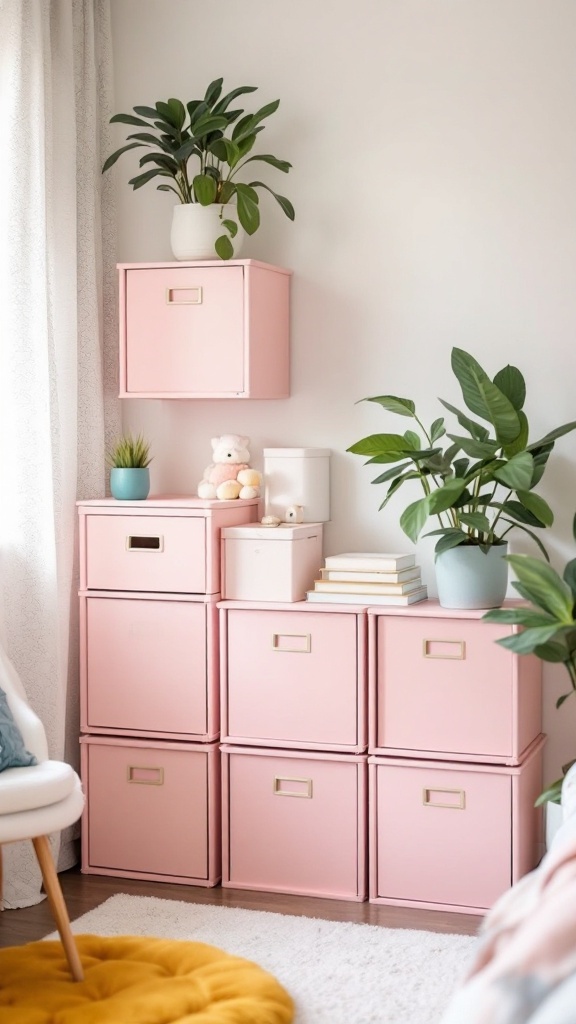 Pink storage boxes neatly arranged with plants and decorative items.