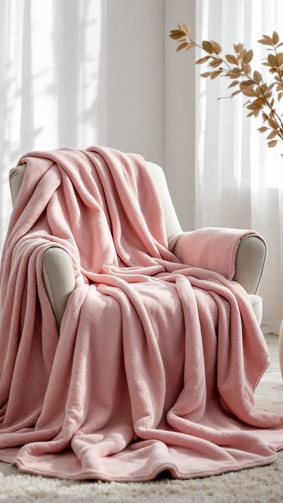 A cozy pink throw blanket draped over a light-colored armchair in a bright room