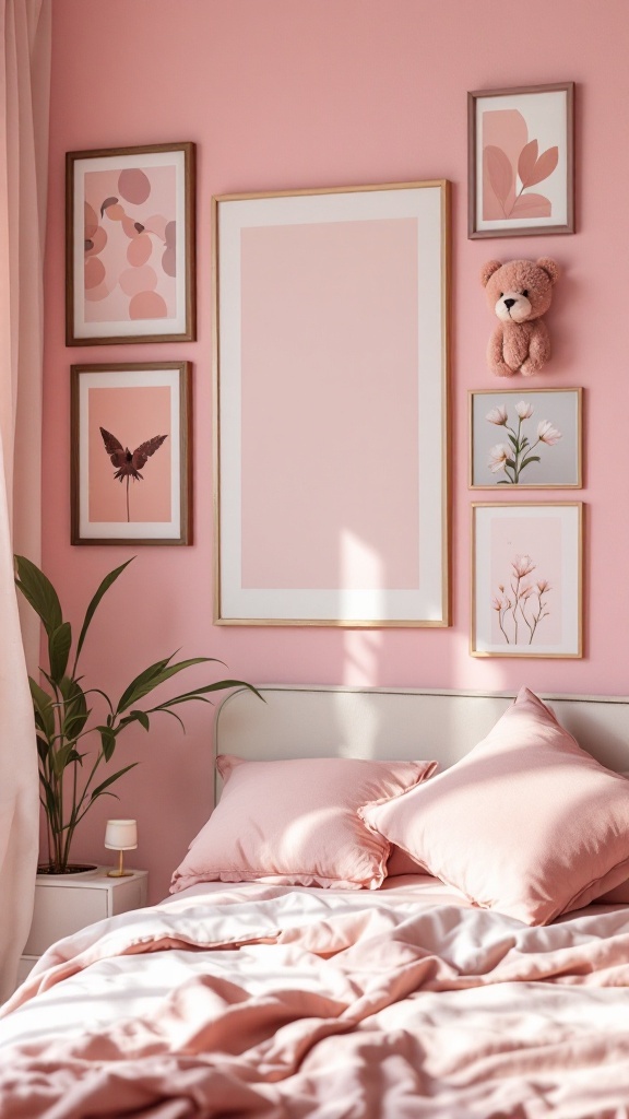 A pink bedroom featuring framed art displays and a cozy bed.