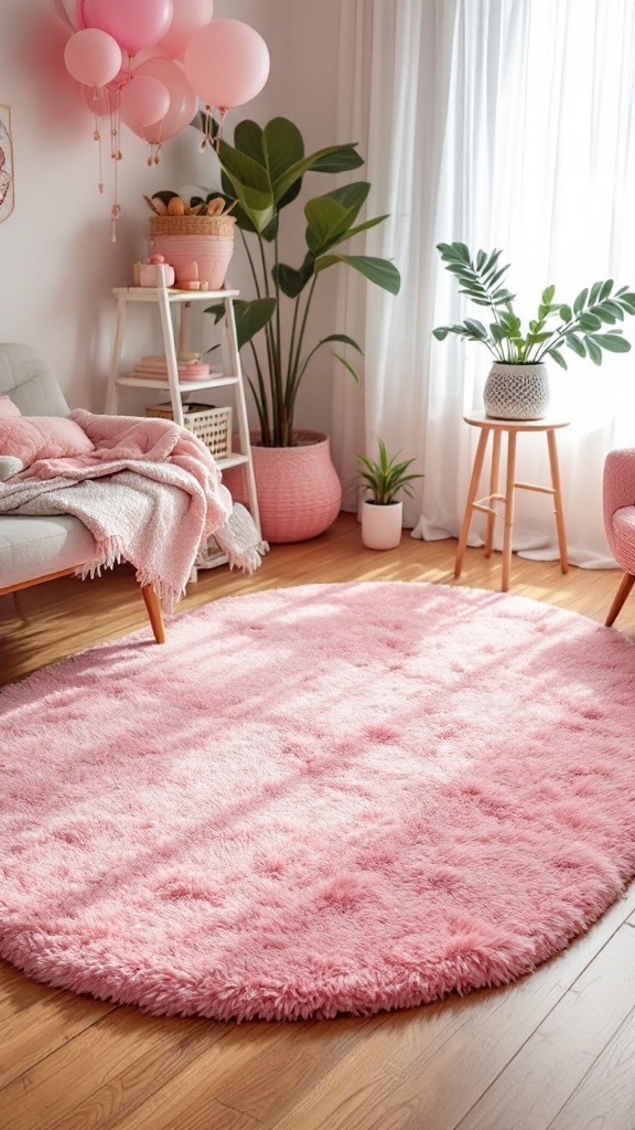 A cozy pink rug in a bright bedroom with plants and pink decorations.