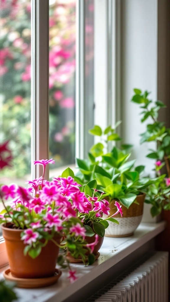 A bright, cozy window sill adorned with pink indoor plants and vibrant green foliage.