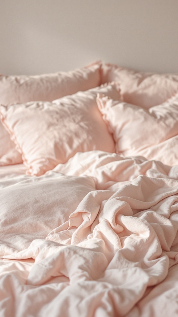 A cozy arrangement of soft pink bedding with various pillows.