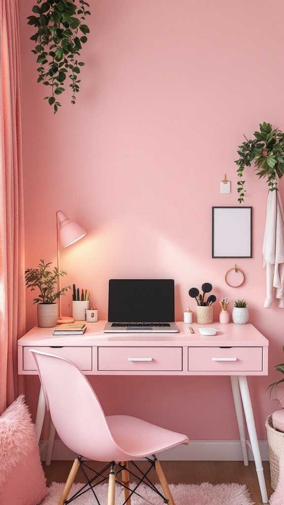 A stylish pink desk space featuring a pink desk, a black laptop, and various plants and accessories.