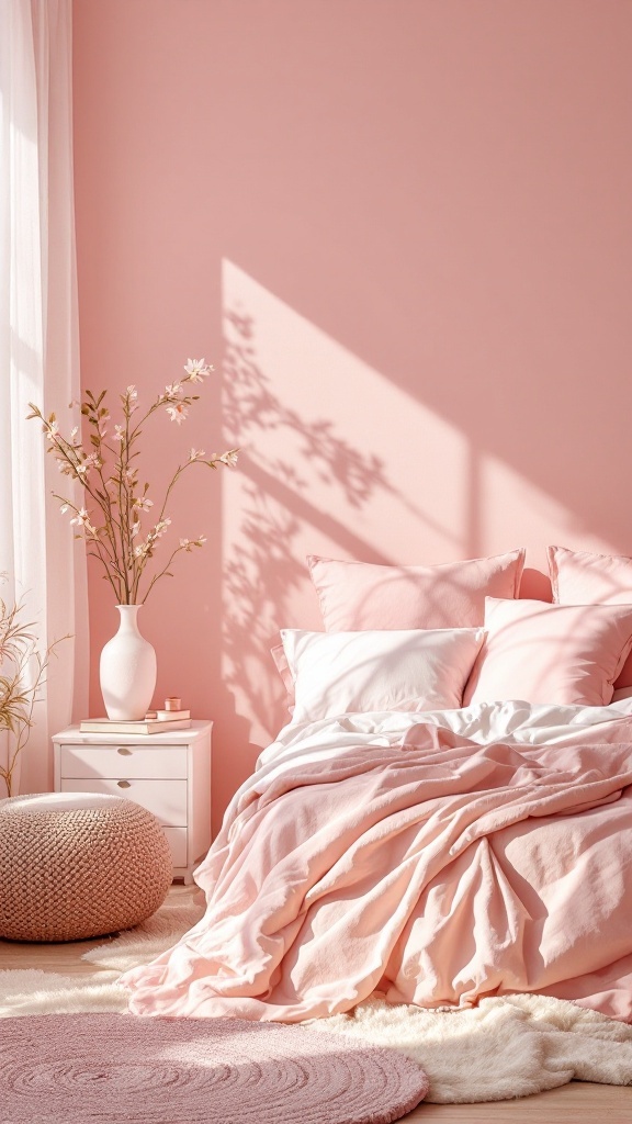 A tranquil pink bedroom with soft bedding, a white nightstand, a flower vase, and a cozy rug.