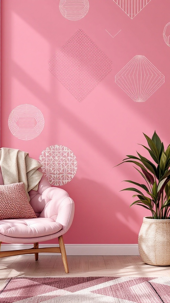 A pink bedroom with trendy wallpaper featuring geometric patterns