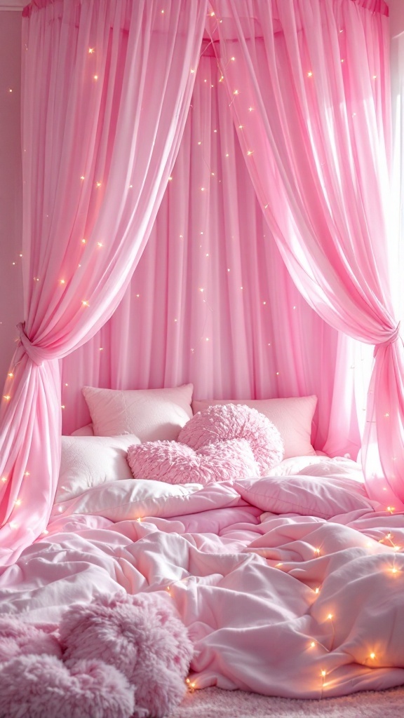 A cozy pink canopy bed with soft pillows and fairy lights