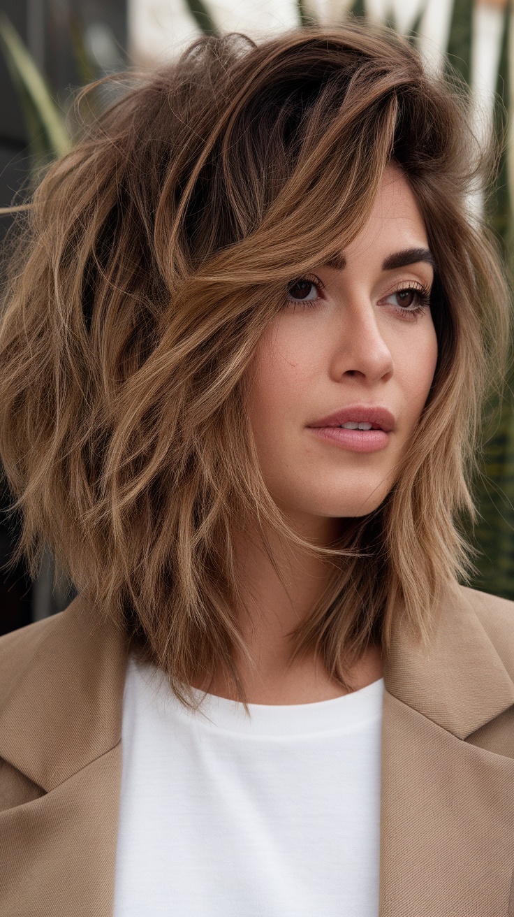 A woman with a messy bob hairstyle, featuring tousled waves, looking relaxed and stylish.