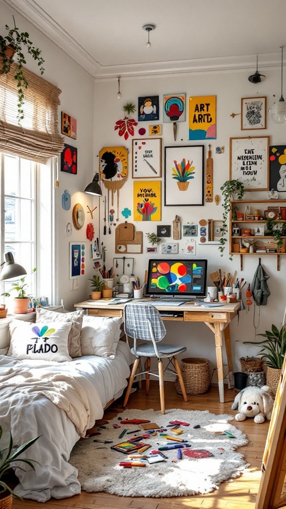 A colorful artistic bedroom with a cozy bed, decorated walls with art, and a creative workspace.