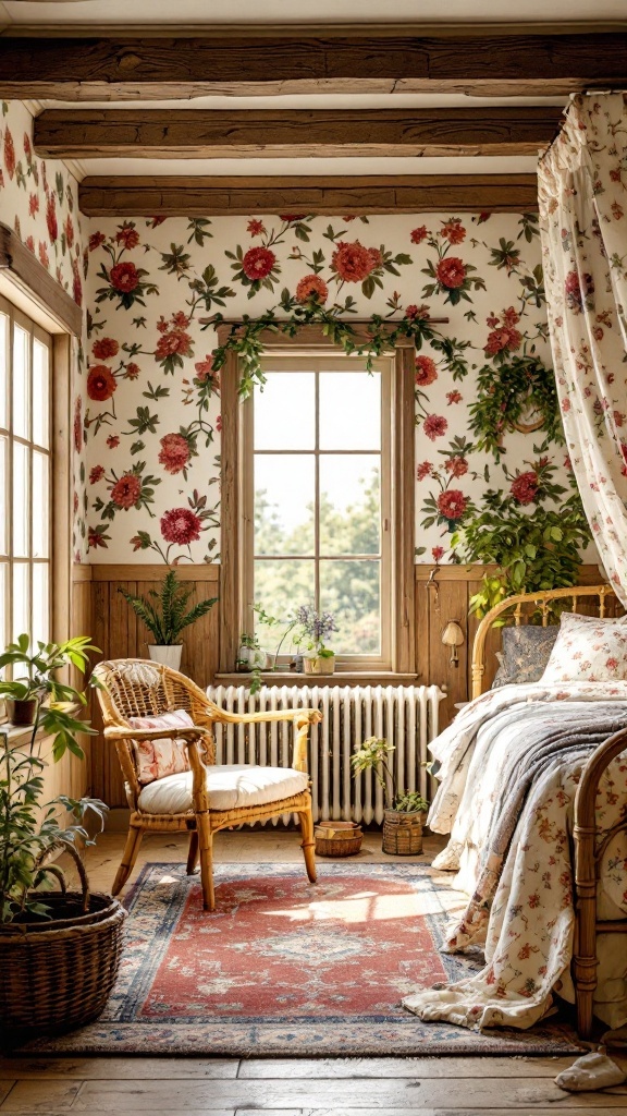 Cozy country cottage bedroom with floral wallpaper and wooden beams