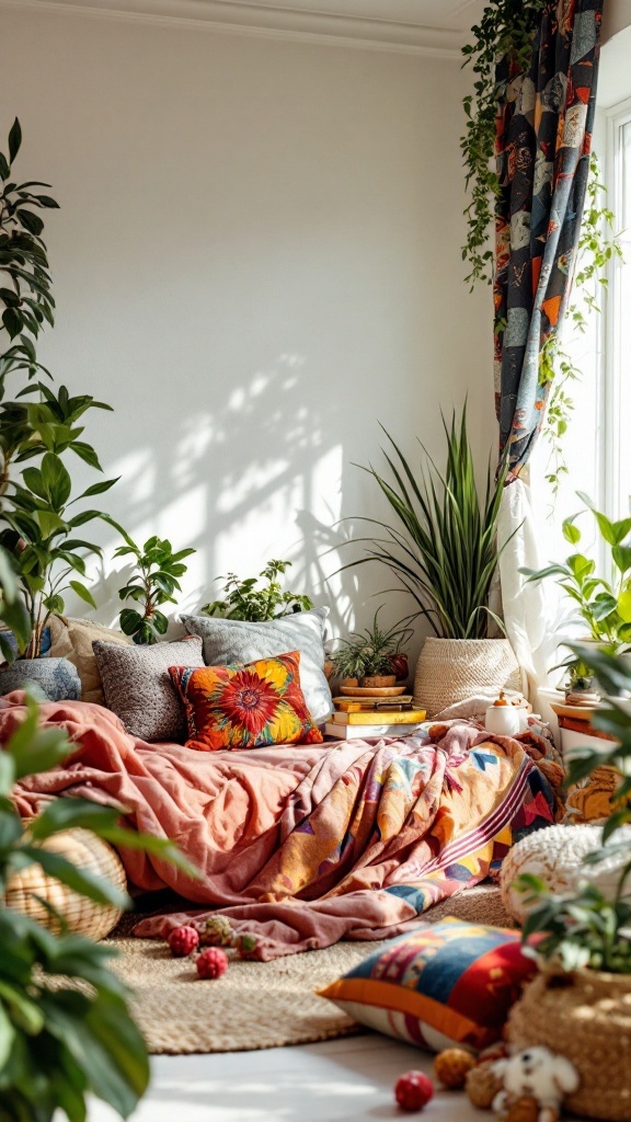 A cozy bohemian bedroom with colorful blankets, pillows, and plants.