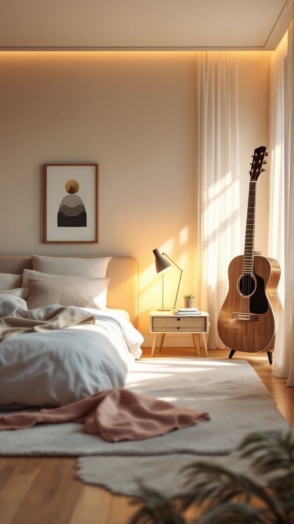 Cozy minimalist bedroom with light colors, a bed, a nightstand with a plant, and a guitar